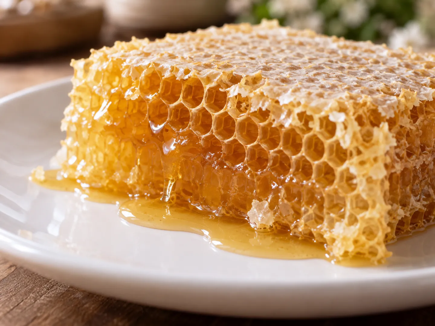 A thick slab of capped honeycomb on a white plate, with honey oozing from a cut edge