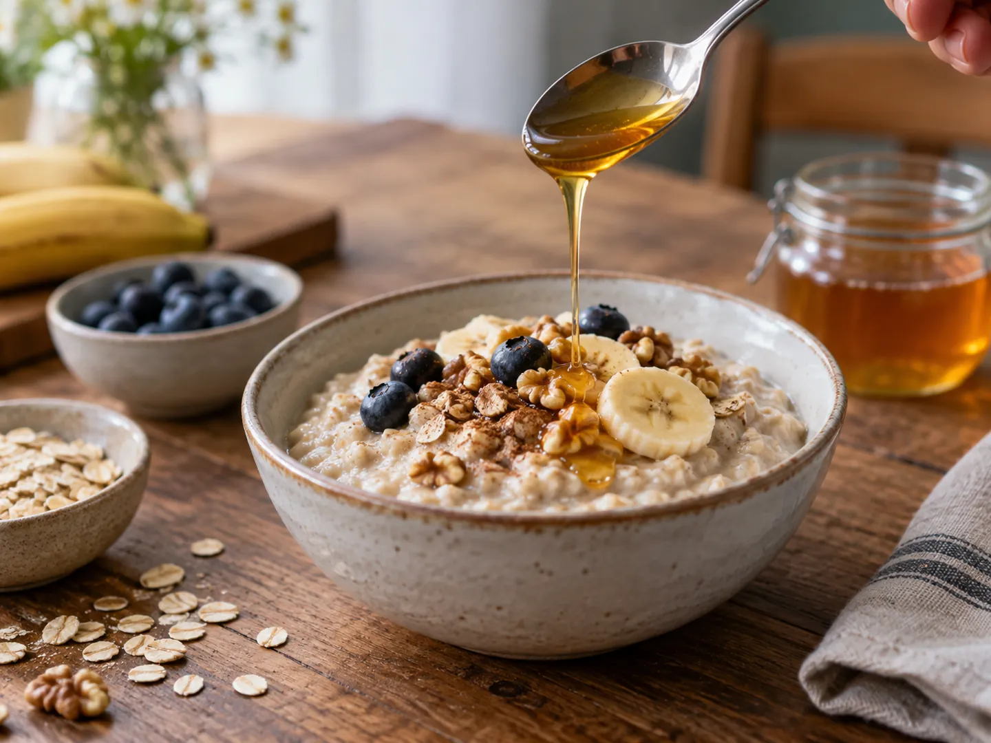 A spoon drizzling a thin ribbon of honey onto a bowl of porridge on a wooden table