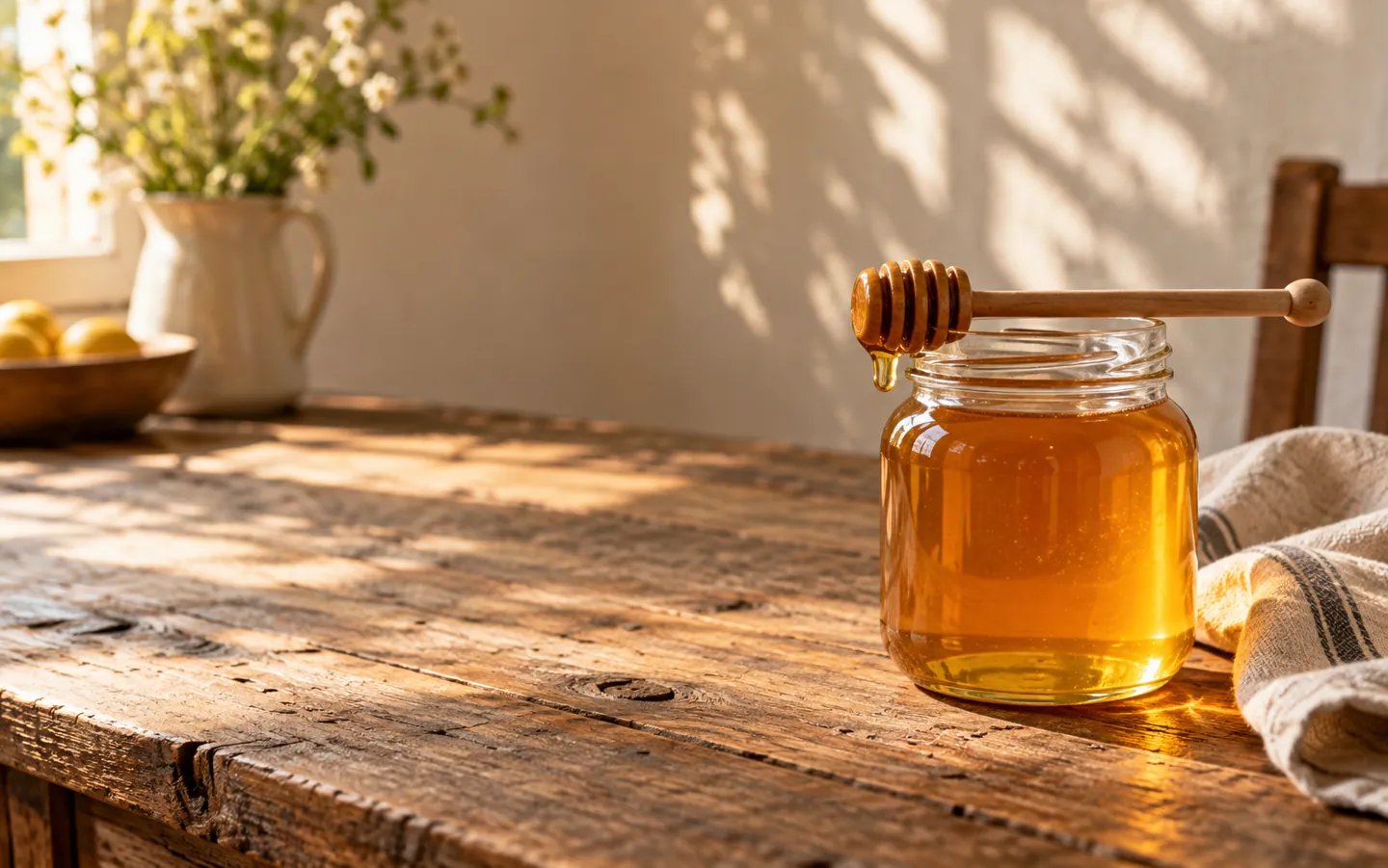 A glass jar of golden honey with a wooden dipper on a kitchen table in warm morning light